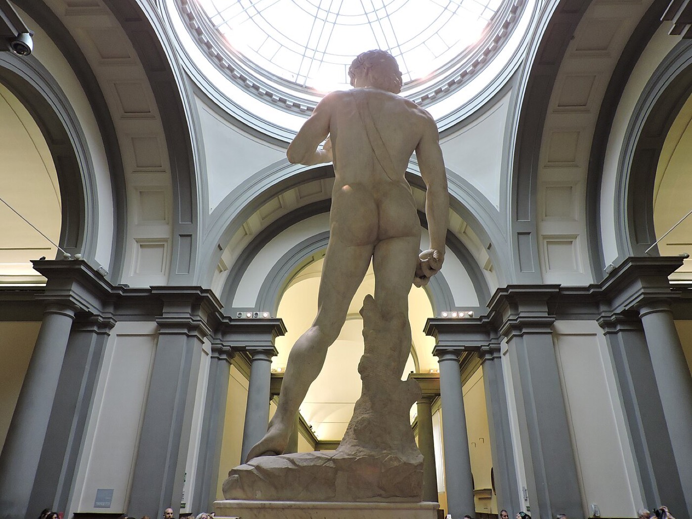 Il David di Michelangelo visto di spalle, sotto il lucernario della Tribuna dell'Accademia